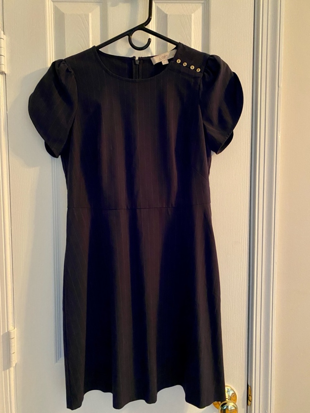 LOFT Women’s Petite Navy Pinstripe Puff Sleeve Dress with Shoulder Buttons